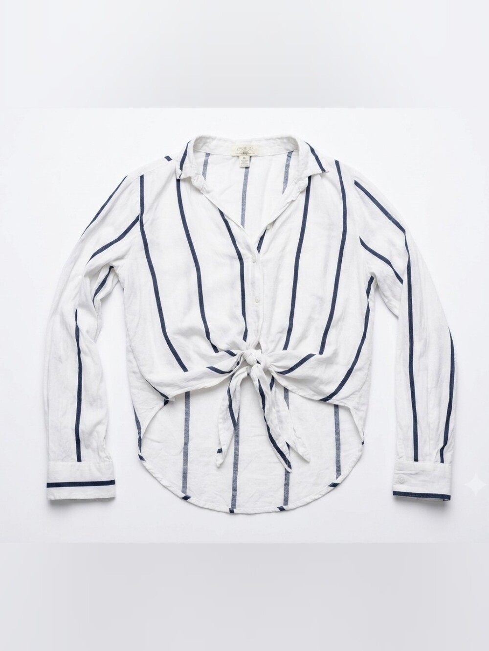 Striped Tie-Front Button Down Shirt - White with Navy Stripe
